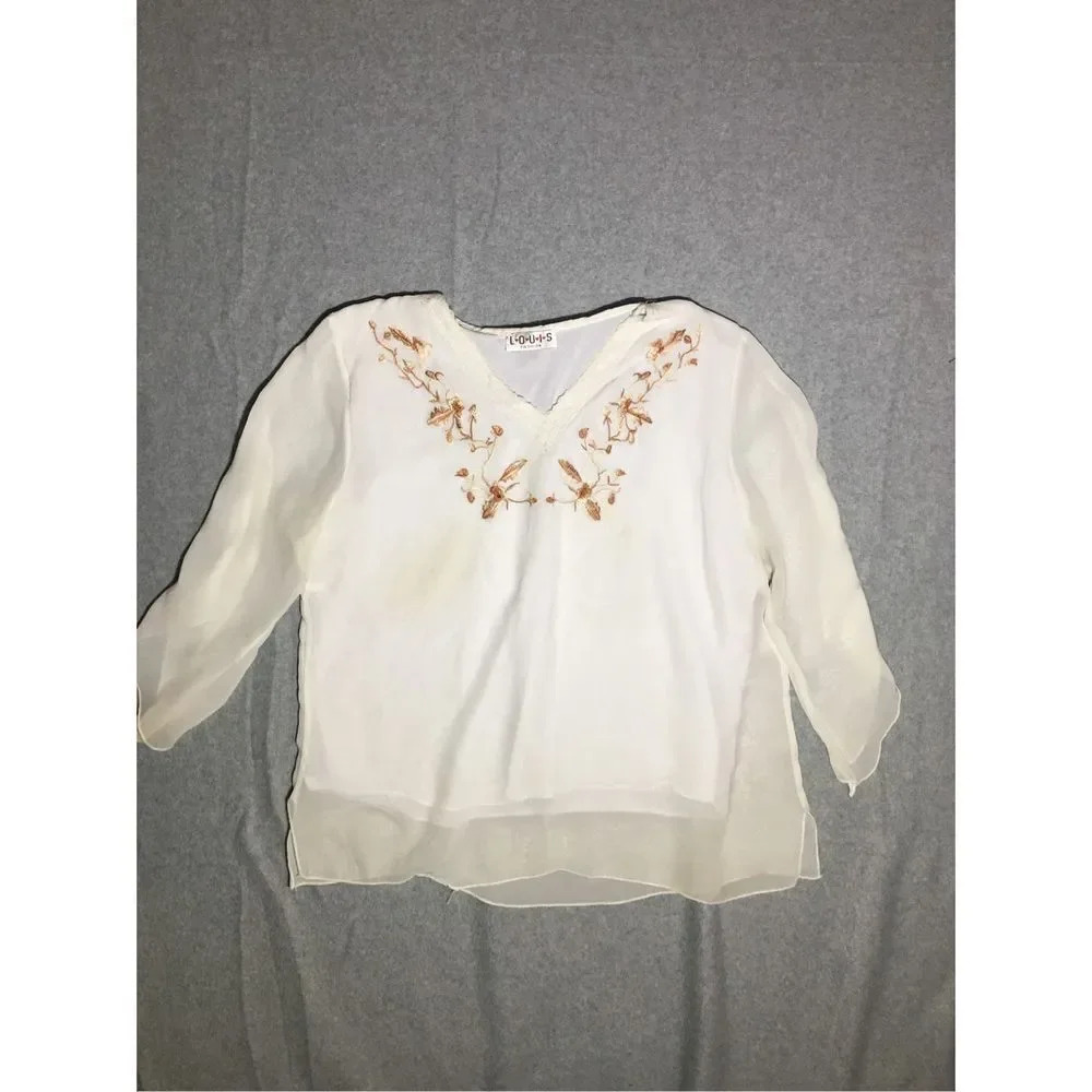 Womens Louis Fashion Blouse Size Medium White Sheer Brown Embroidery Flowy Boho